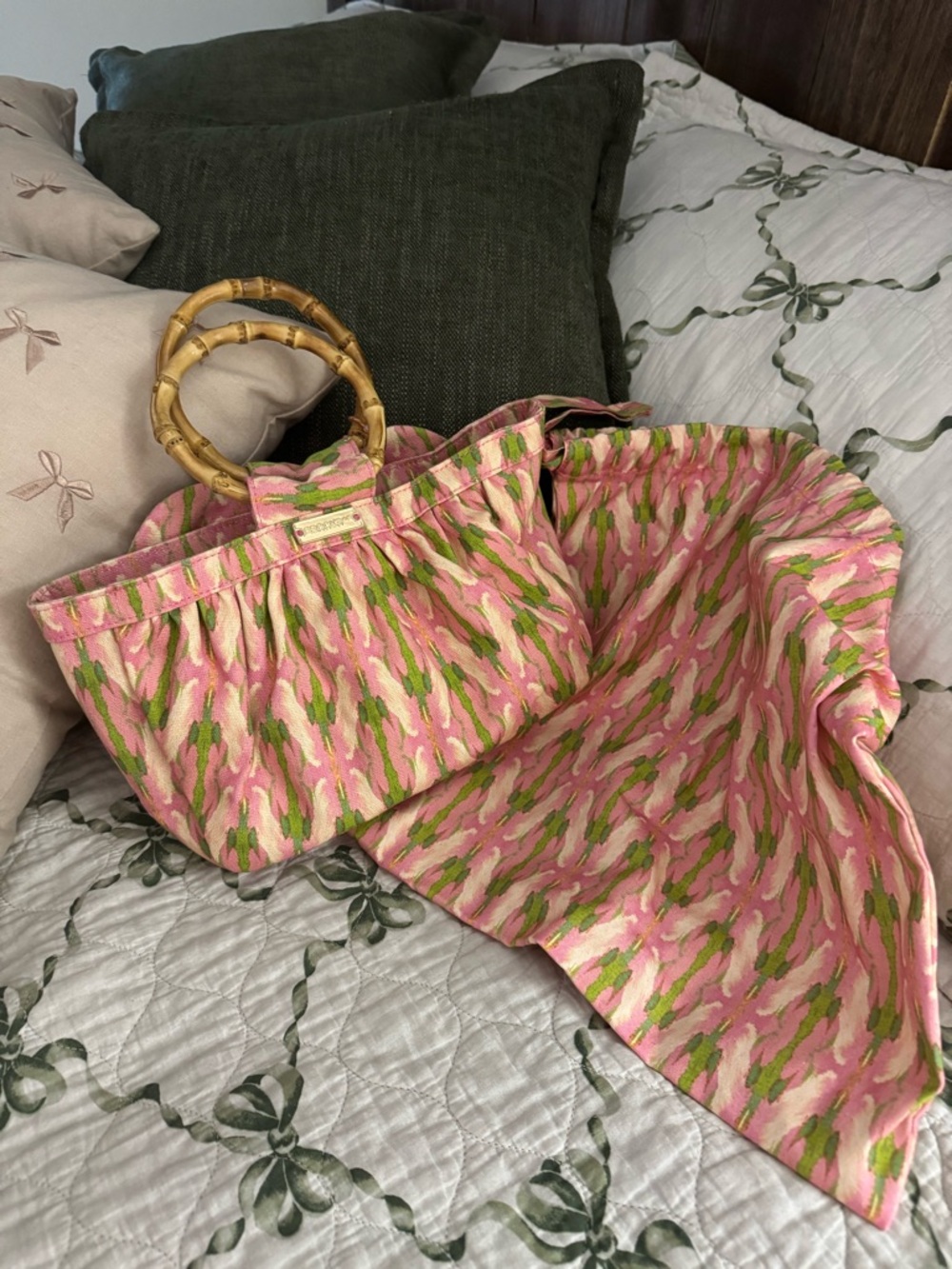 Brookes Ave Pink & Green Patterned Tote with Bamboo Handles vintage w/tag